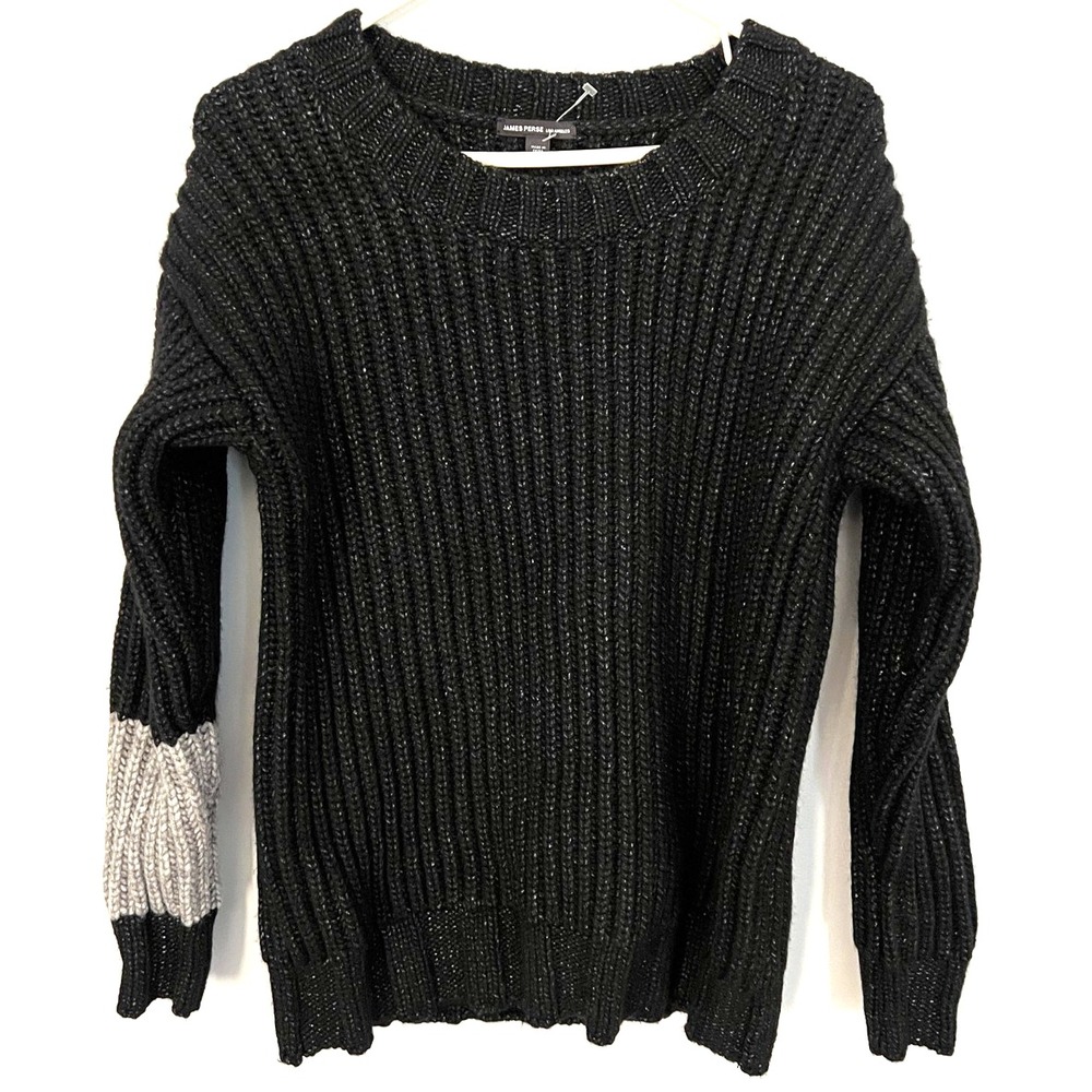 James Perse Sweater Womens Sz: 0 (XS) Black Gray Rib Knit Colorblock Crewneck
